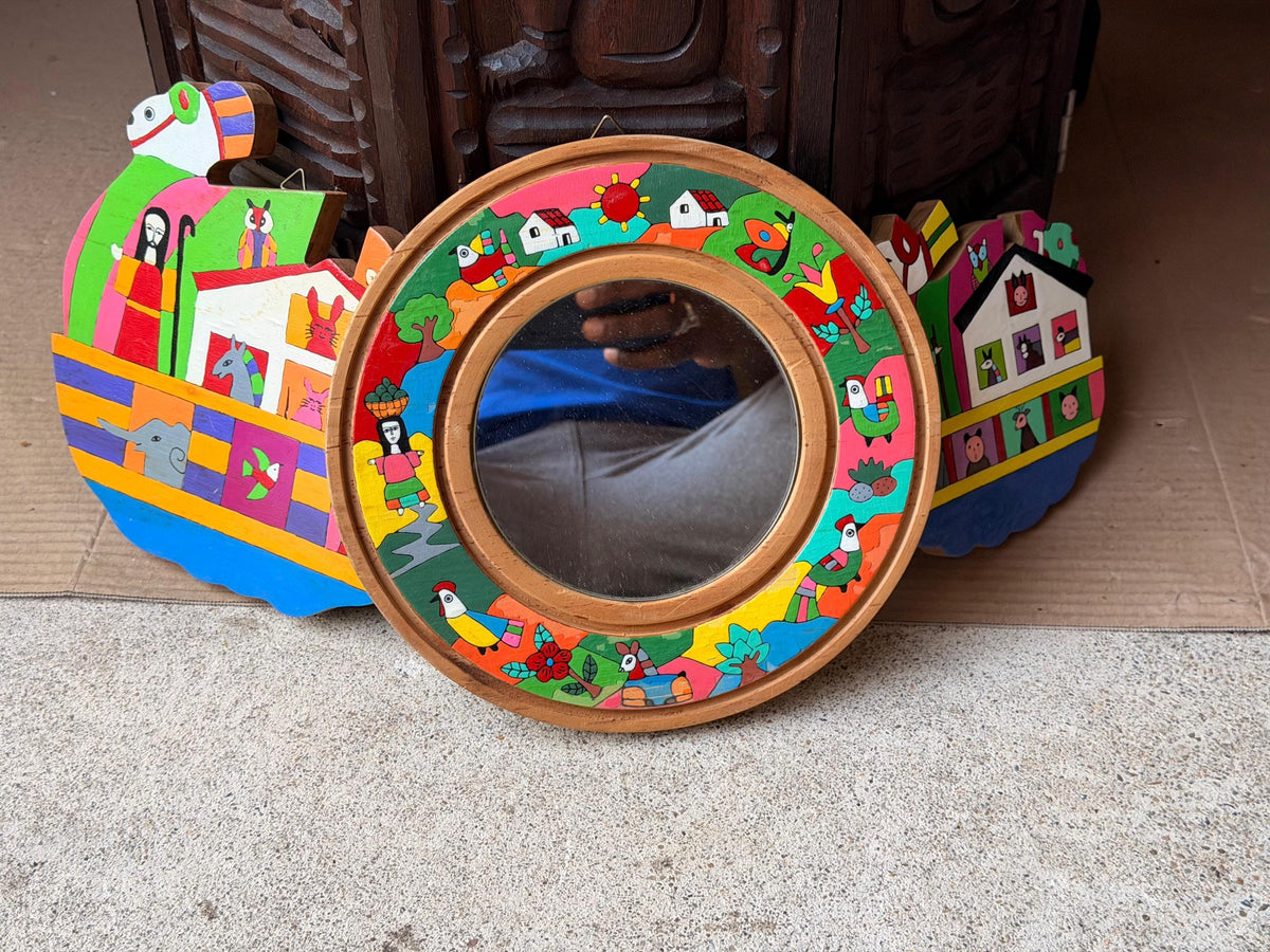 3pc Vintage El Salvador Folk Art Wall Plaques Set La Palma Noah Ark Mirror 8.7"