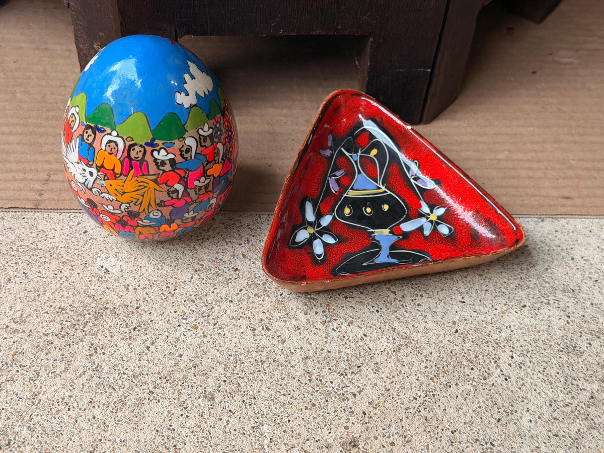 Vintage Italian Leather Dish & Signed Mexican Folk Art Painted Egg 2pc Set