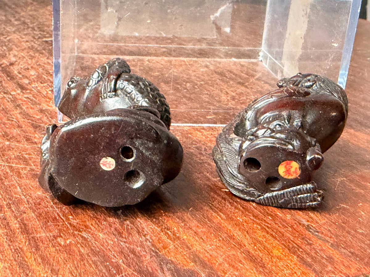 Vintage Japanese Carved Wood Netsuke Set Toad Snake & Rooster Signed