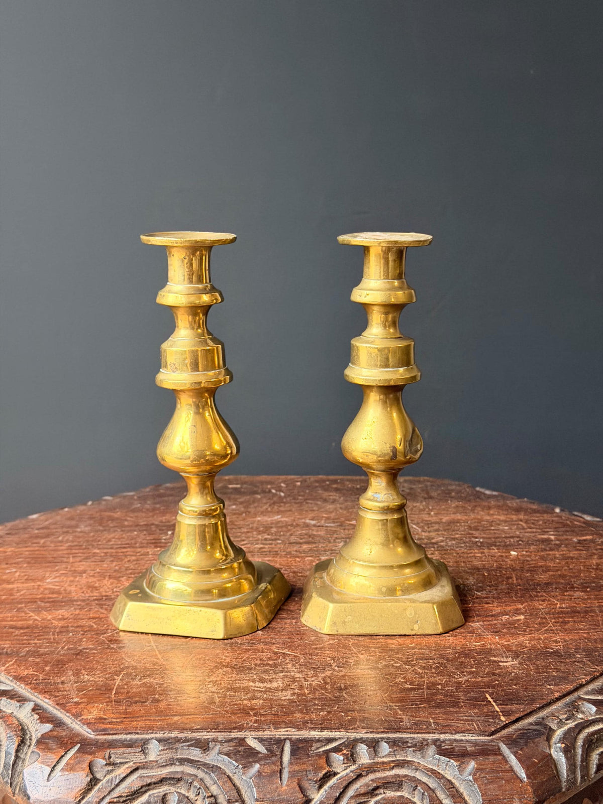 Antique Cast Brass Candlesticks Pair Octagonal Base Georgian Style 8"