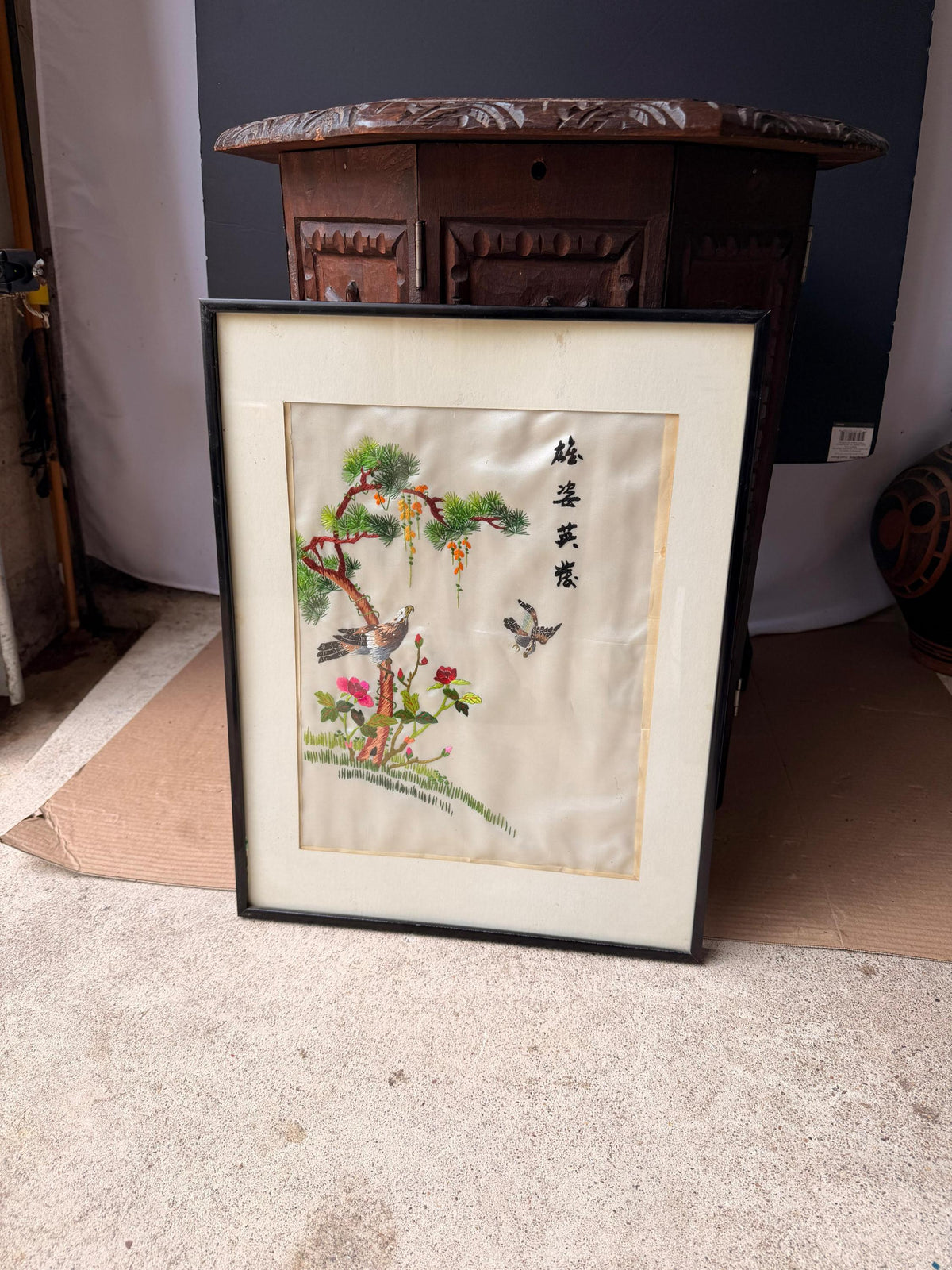 Vintage Asian Silk Embroidery Framed Art Eagle Pine Tree Needlework 18.5x14.5