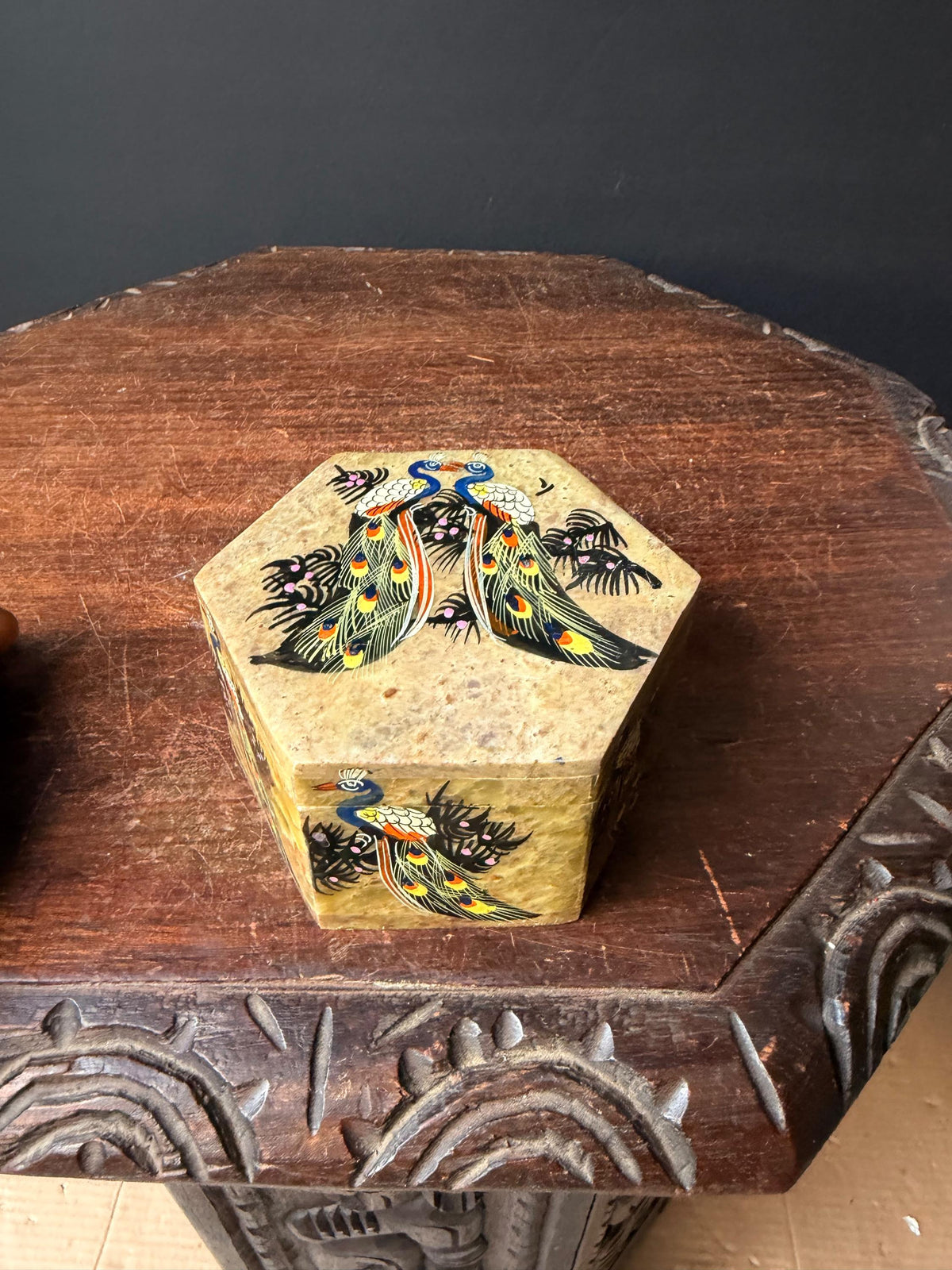 Vintage Soapstone Hexagon Trinket Box Hand Painted Peacock Keepsake Dish 4.6"