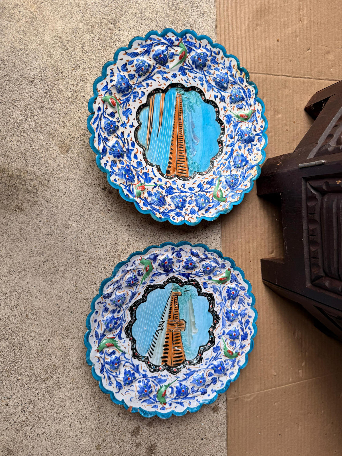 Pair Middle Eastern Hand Painted Enameled Copper Wall Plates Silk Road Art 9.2"