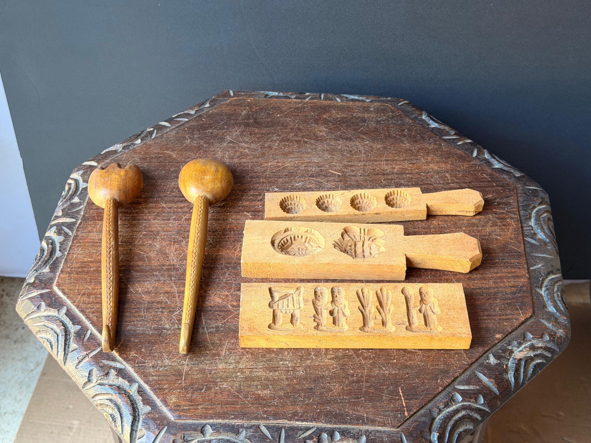 Vintage Carved Wood Butter Molds Cookie Press Serving Spoons Folk Art 5 Pc