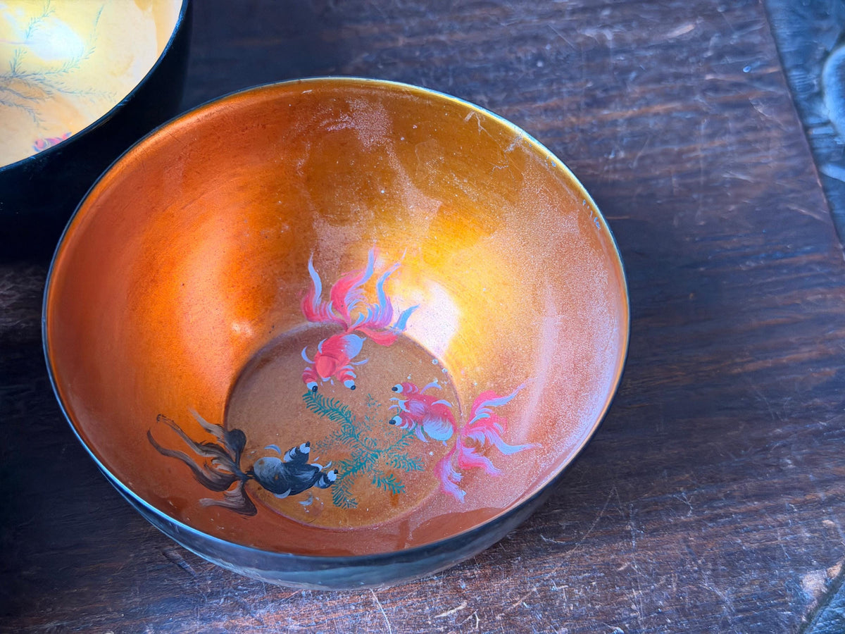 Vintage Foochow Lacquer Bowl Set 3 Chinese Goldfish Dragon Landscape 4.5