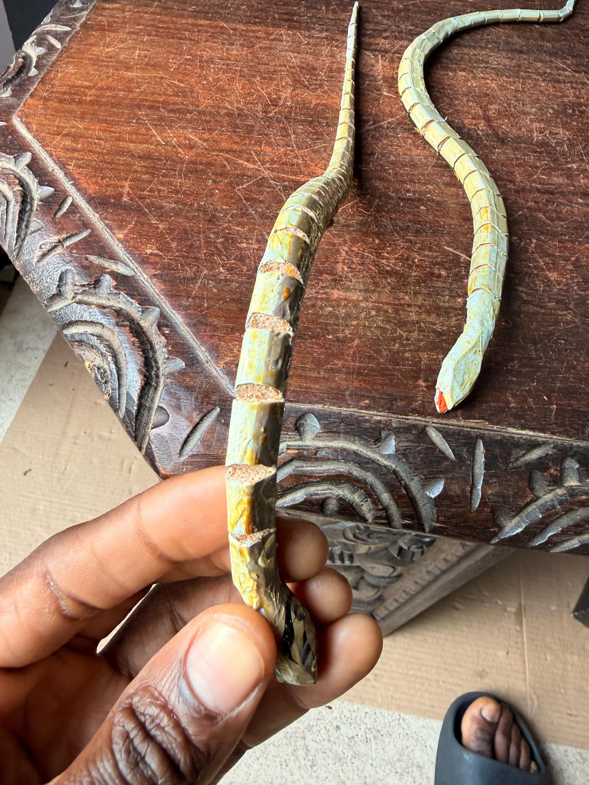 Vintage Articulated Carved Wood Snake Folk Art Figurine Pair 16" Sculpture Set
