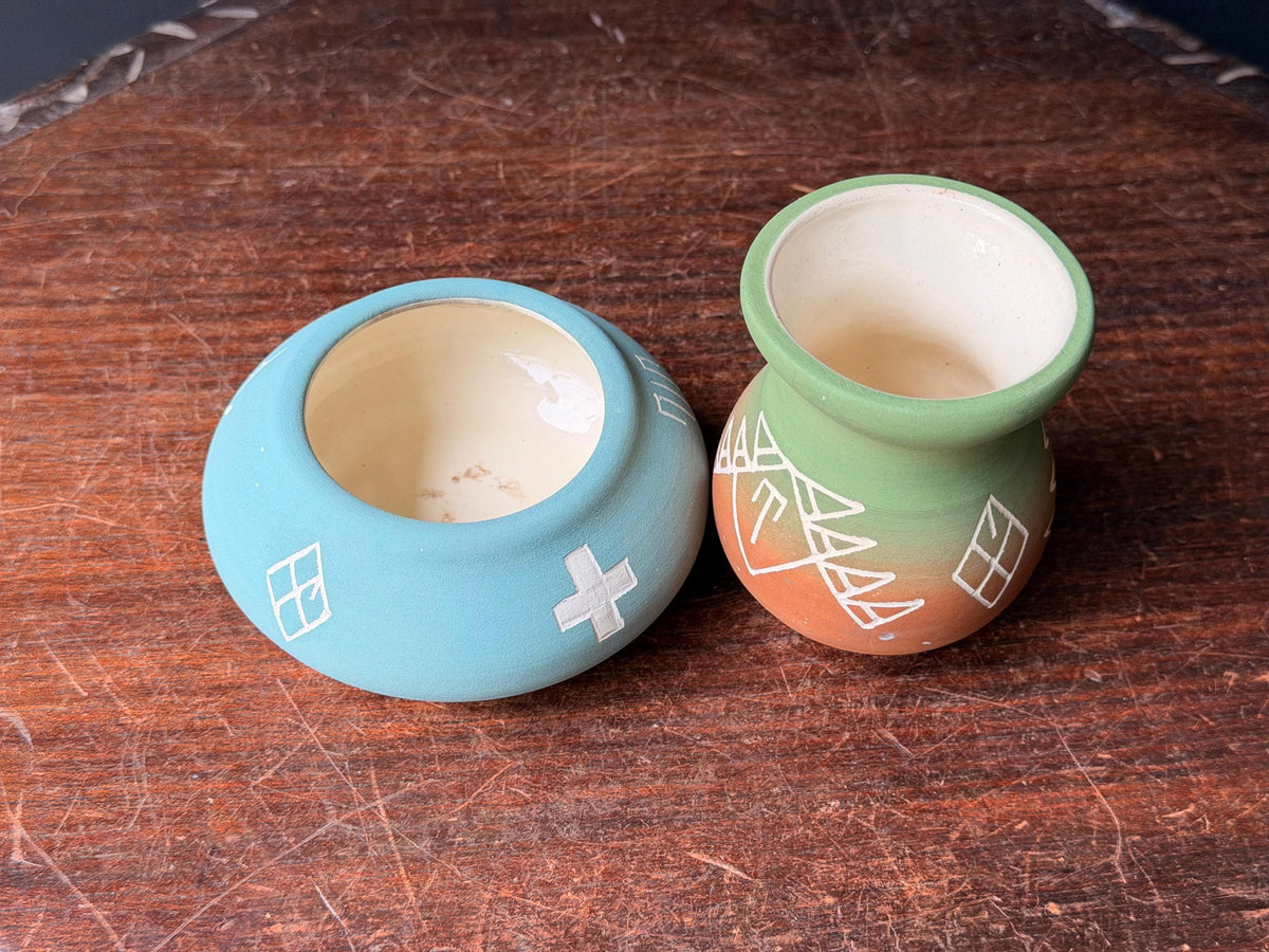 Navajo Sgraffito Pottery Set Signed G Frank Southwest Terracotta Vases 4.3" 3.5"