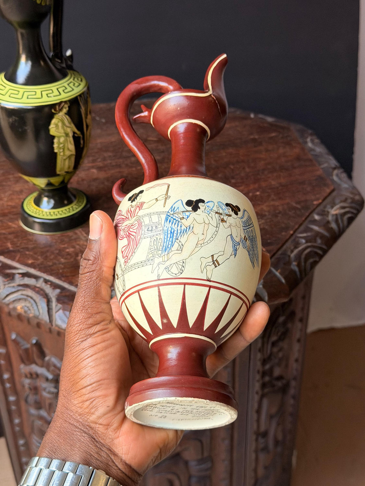 Vintage Greek Hand Painted Pottery Oinochoe Pitcher Set Spyropoulos 11"