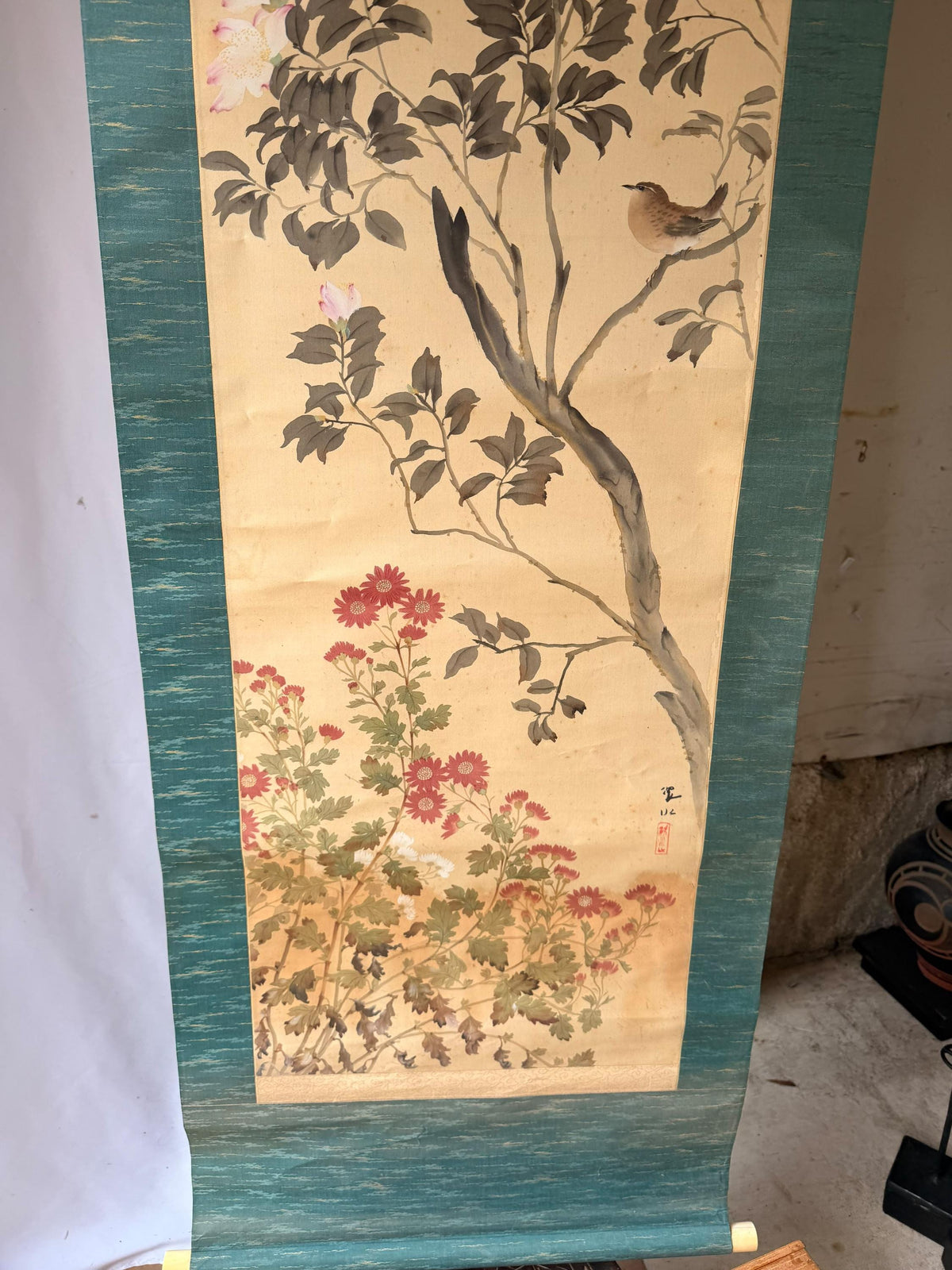 Vintage Japanese Silk Hanging Scroll Painting Bird Flower Kacho-ga Kakejiku
