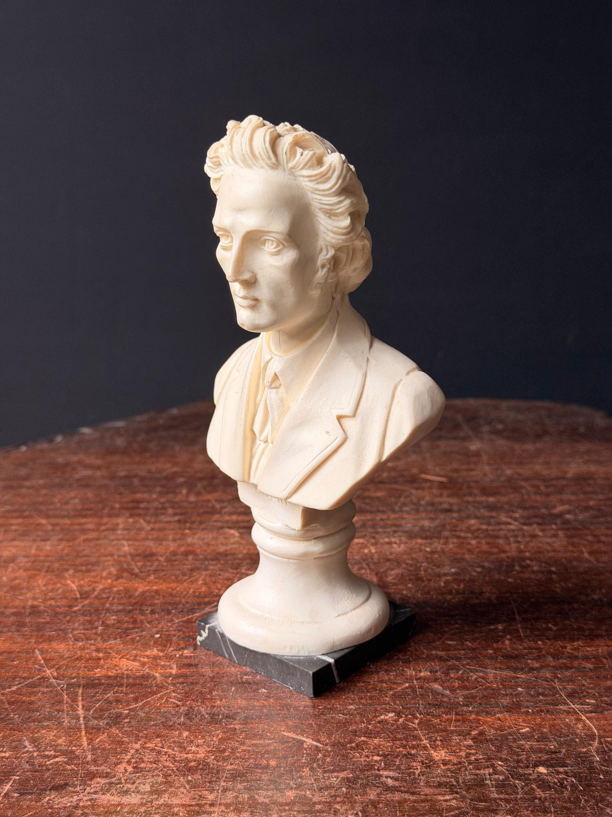 Vintage Italian Alabaster Chopin Bust Sculpture Black Marble Base Rico 6.5"