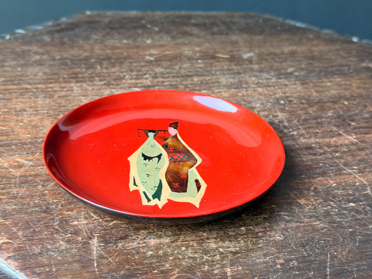 Vintage Vietnamese Lacquer Dish Tranha Red Figure Mid Century 5.5 Saucer