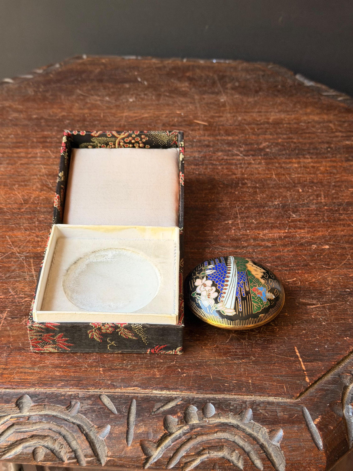 Vintage Chinese Cloisonne Enamel Trinket Box, Great Wall of China & White Blossoms, Pill or Ring Box in Brocade Gift Box