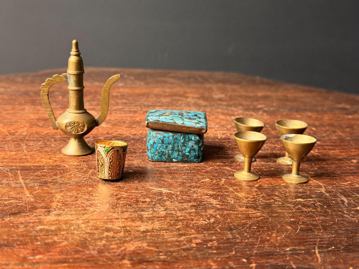 Vintage Miniature Brass Pitcher Set Turquoise Inlay Box Goblets Silk Road Art