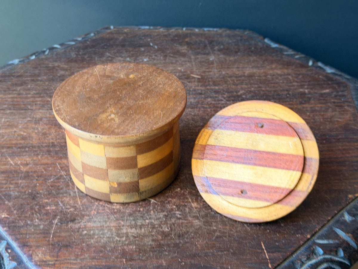 Vintage Segmented Wood Checkerboard Lidded Jar, Hand Turned Wooden Keepsake Box with Knob Lid, Studio Woodturning Trinke