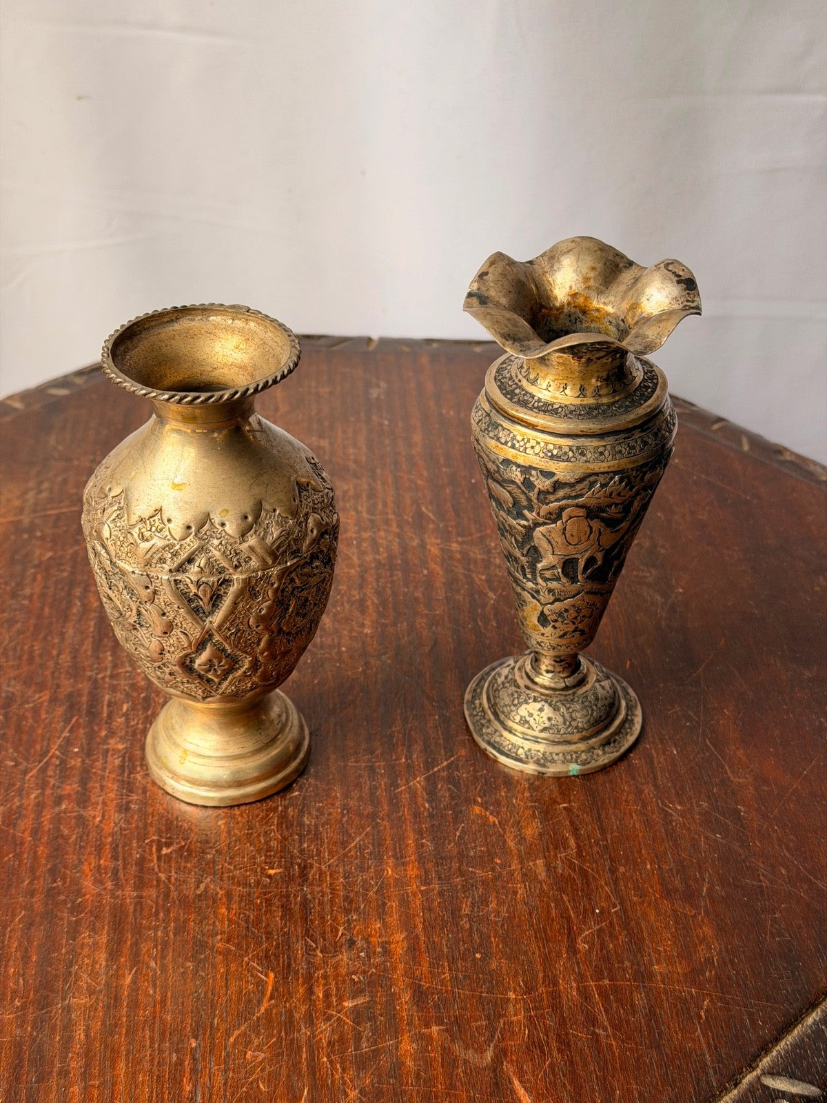Vintage Near Eastern Silver Plated Brass Vases Pastoral Scene Folk Art
