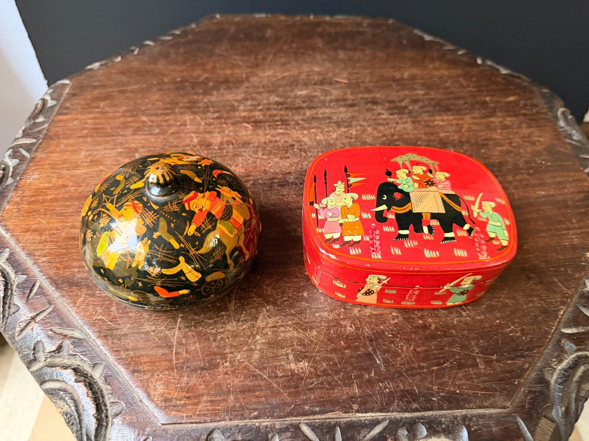 Vintage Hand Painted Lacquer Wood Box Set Royal Elephant Procession Folk Art