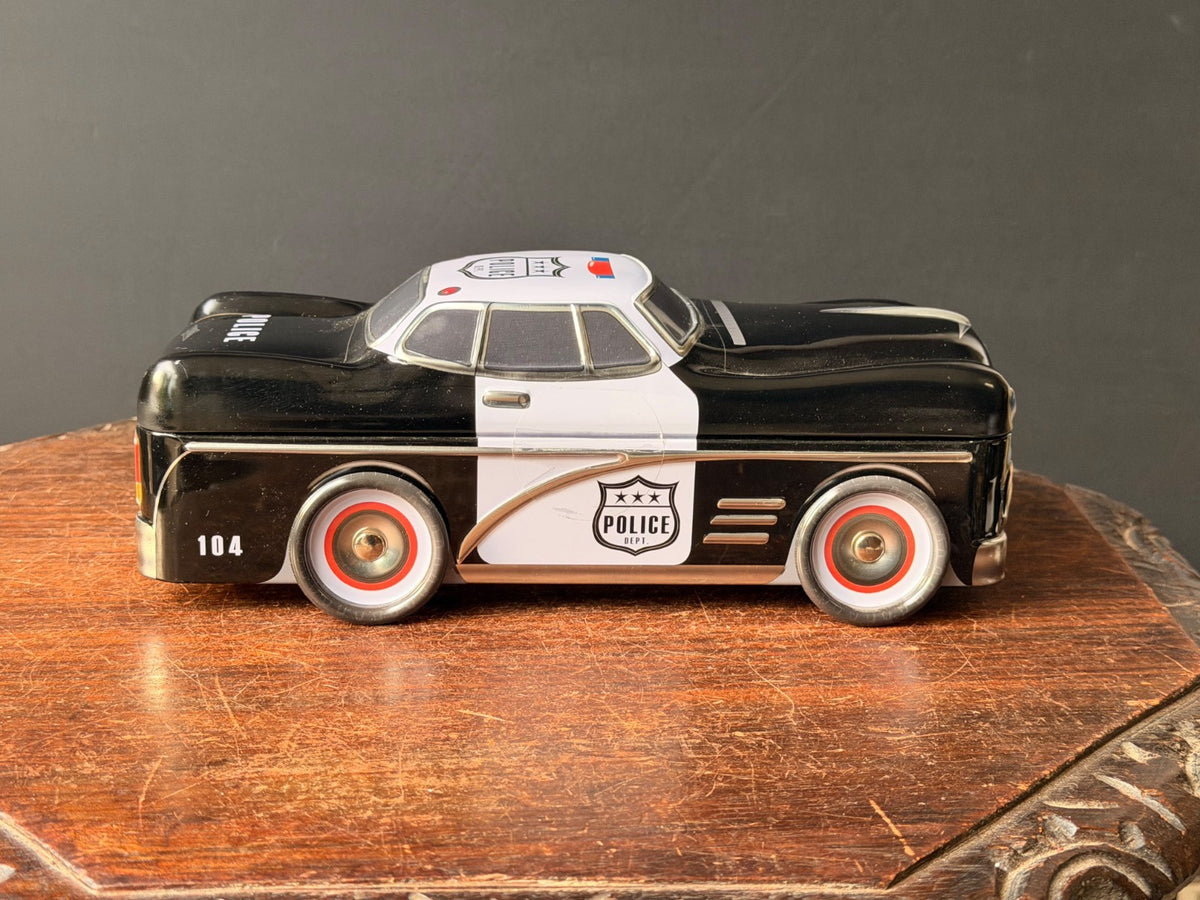 Silver Crane Police Car Cookie Tin Retro 1950s Cruiser Novelty Tin Box 10.5"