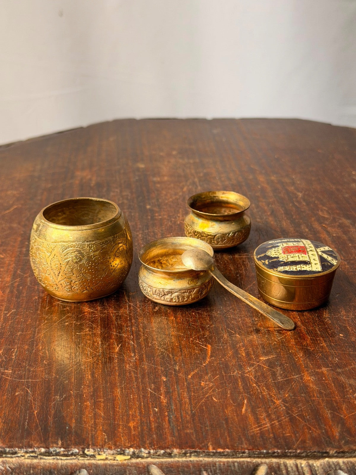 Vintage Brass Miniature Vessel Set Enameled Trinket Box Small Spice Bowls Spoon