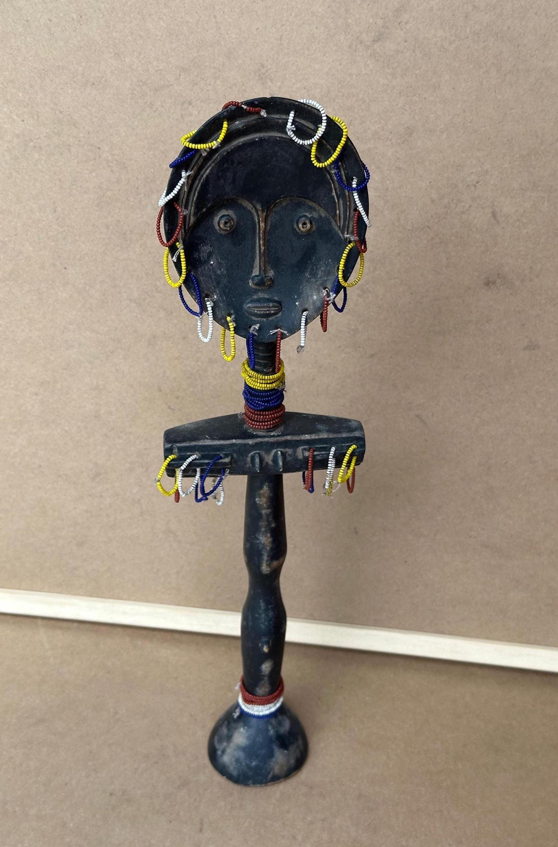 Vintage Ashanti Akua'ba figure, beaded carved wood, Ghana
