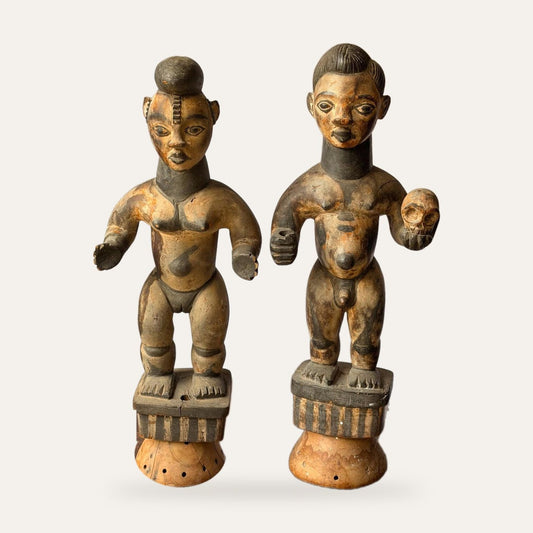 Vintage Igbo Alusi Figure Pair Carved Wood Male Female Skull Statue 22"