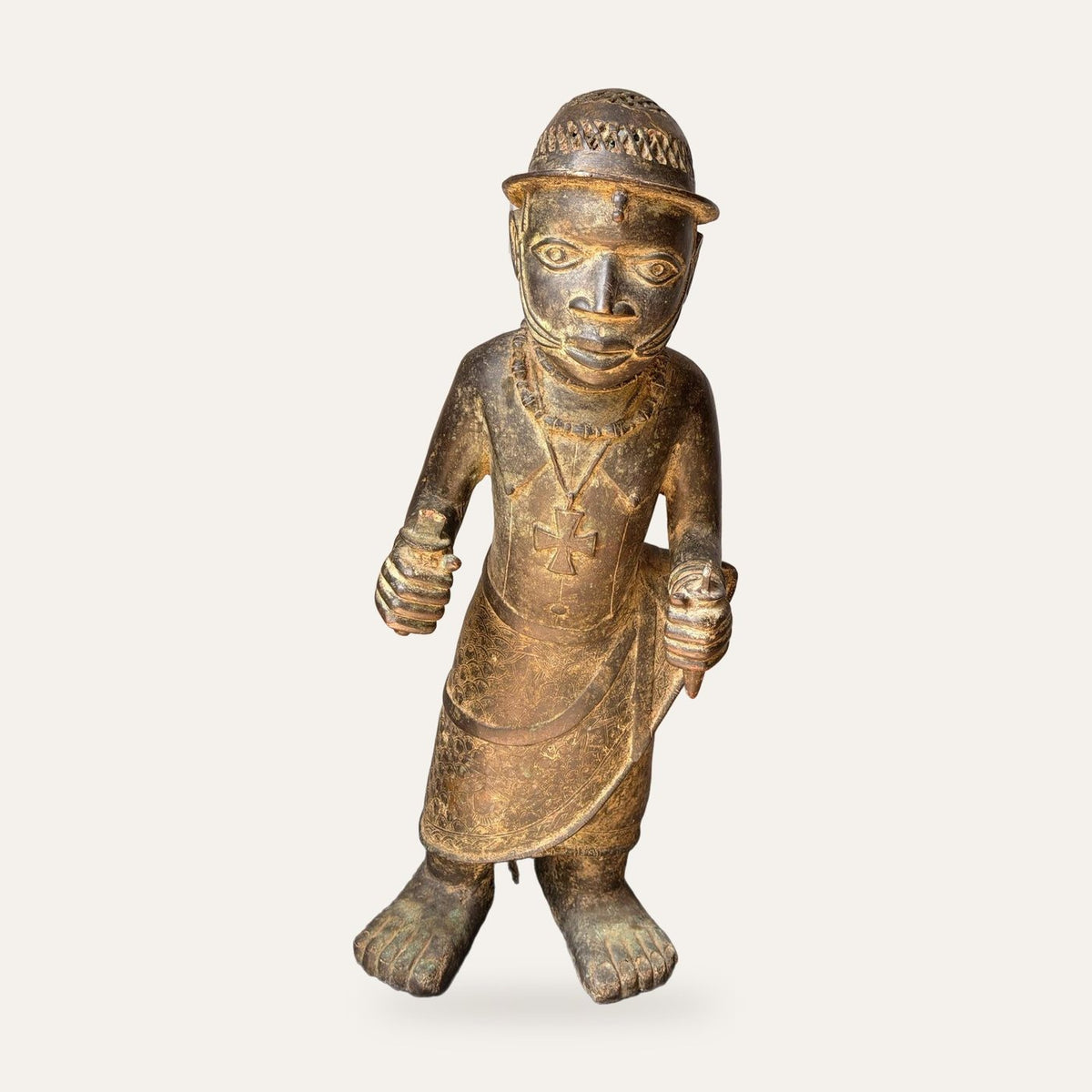 Vintage Large African Cast Bronze Figure Benin Court Warrior Statue 24"