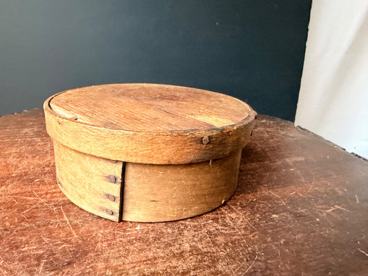 Antique Primitive Folk Art Wood Bentwood Pantry Box Lapped Rim Tack 6.2in