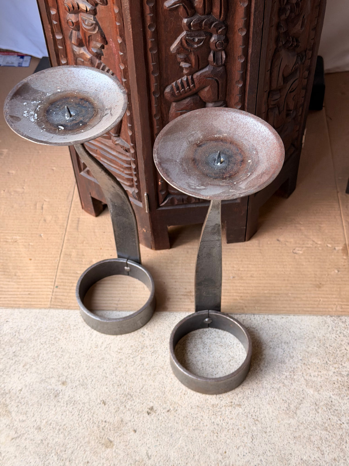 Hand Forged Iron Pricket Candlesticks Pair Brutalist Style Looped Pin 16.5 in
