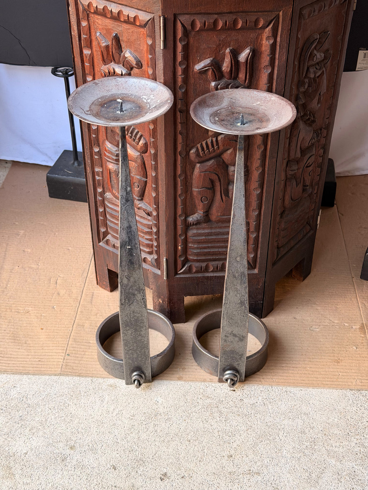 Hand Forged Iron Pricket Candlesticks Pair Brutalist Style Looped Pin 16.5 in