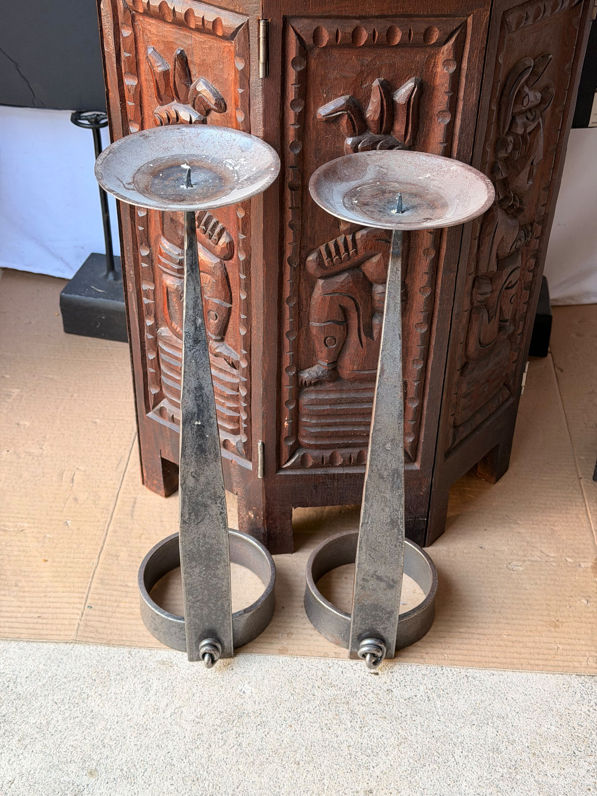 Hand Forged Iron Pricket Candlesticks Pair Brutalist Style Looped Pin 16.5 in