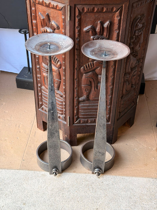 Hand Forged Iron Pricket Candlesticks Pair Brutalist Style Looped Pin 16.5 in