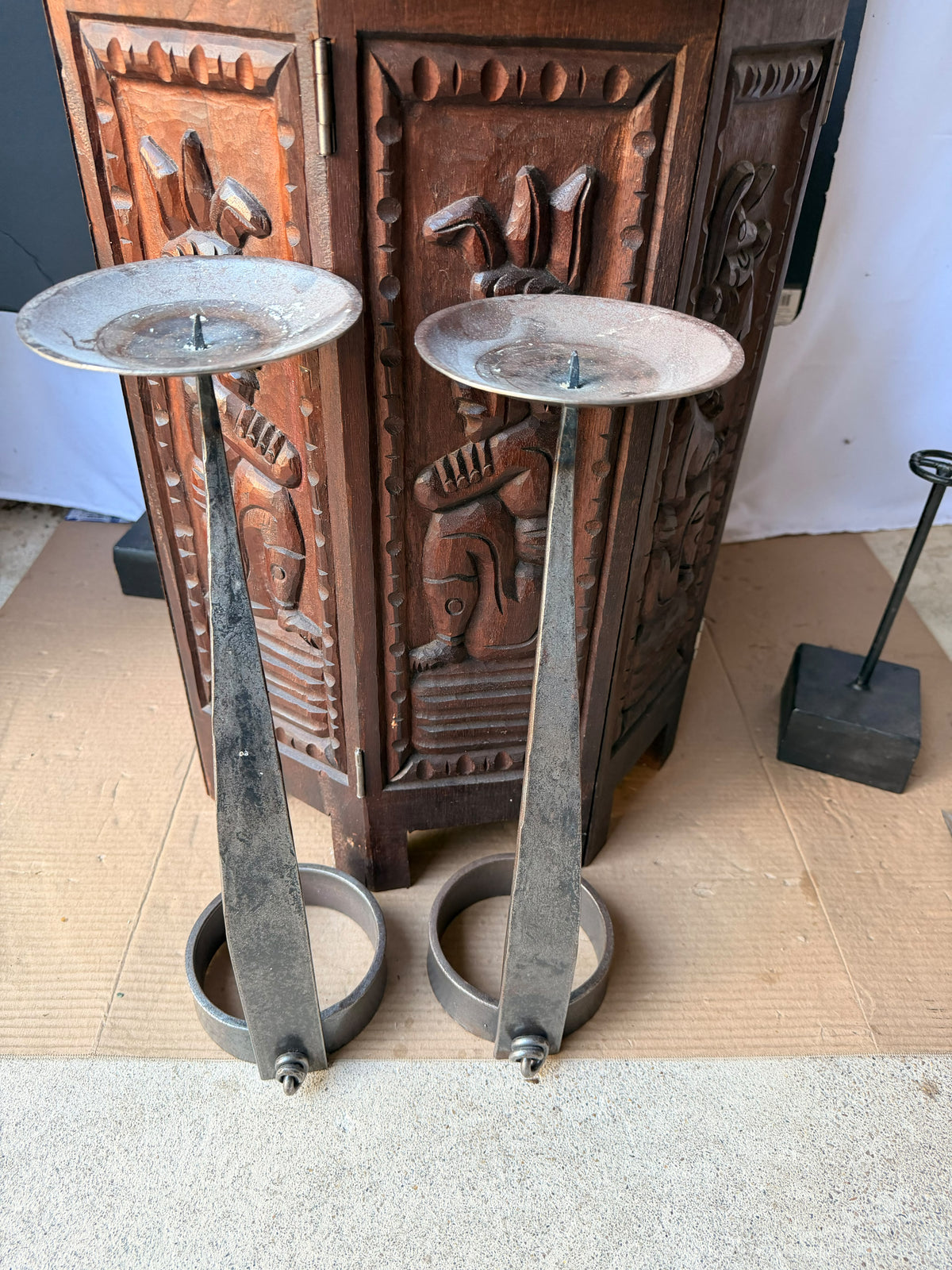 Hand Forged Iron Pricket Candlesticks Pair Brutalist Style Looped Pin 16.5 in