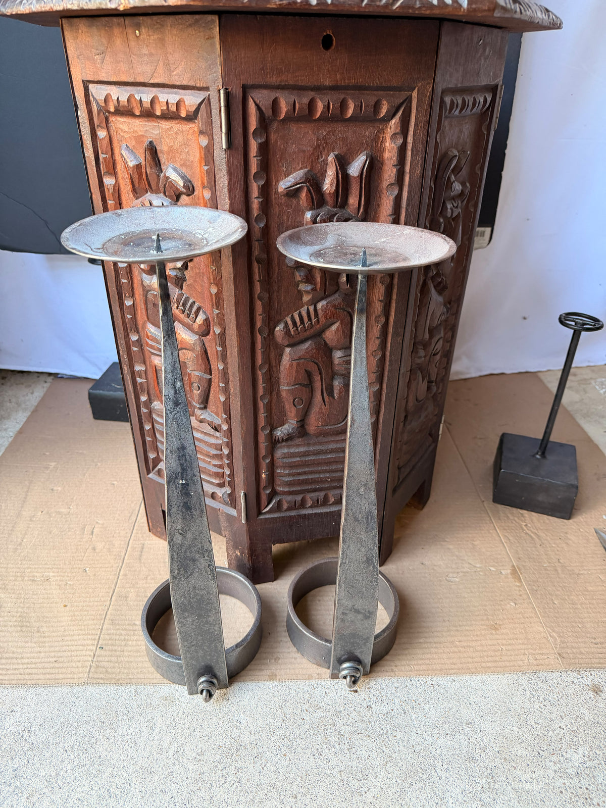 Hand Forged Iron Pricket Candlesticks Pair Brutalist Style Looped Pin 16.5 in