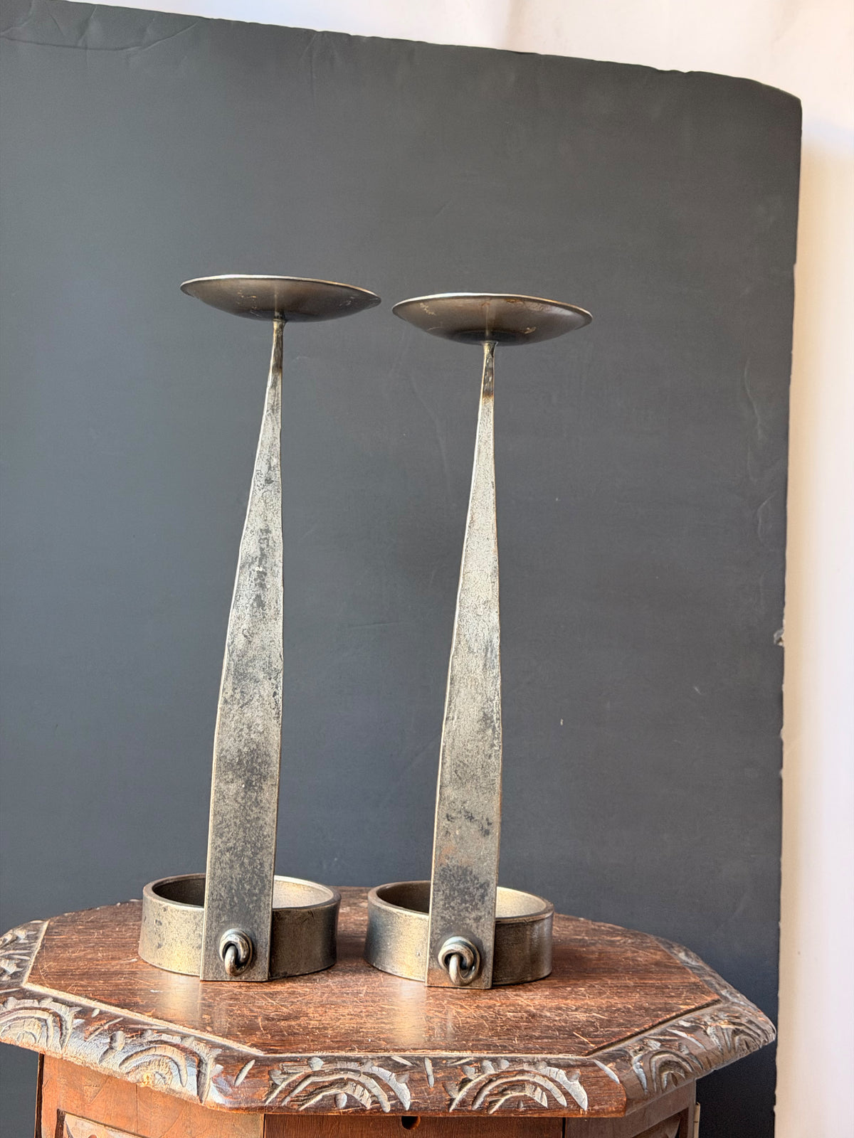 Hand Forged Iron Pricket Candlesticks Pair Brutalist Style Looped Pin 16.5 in