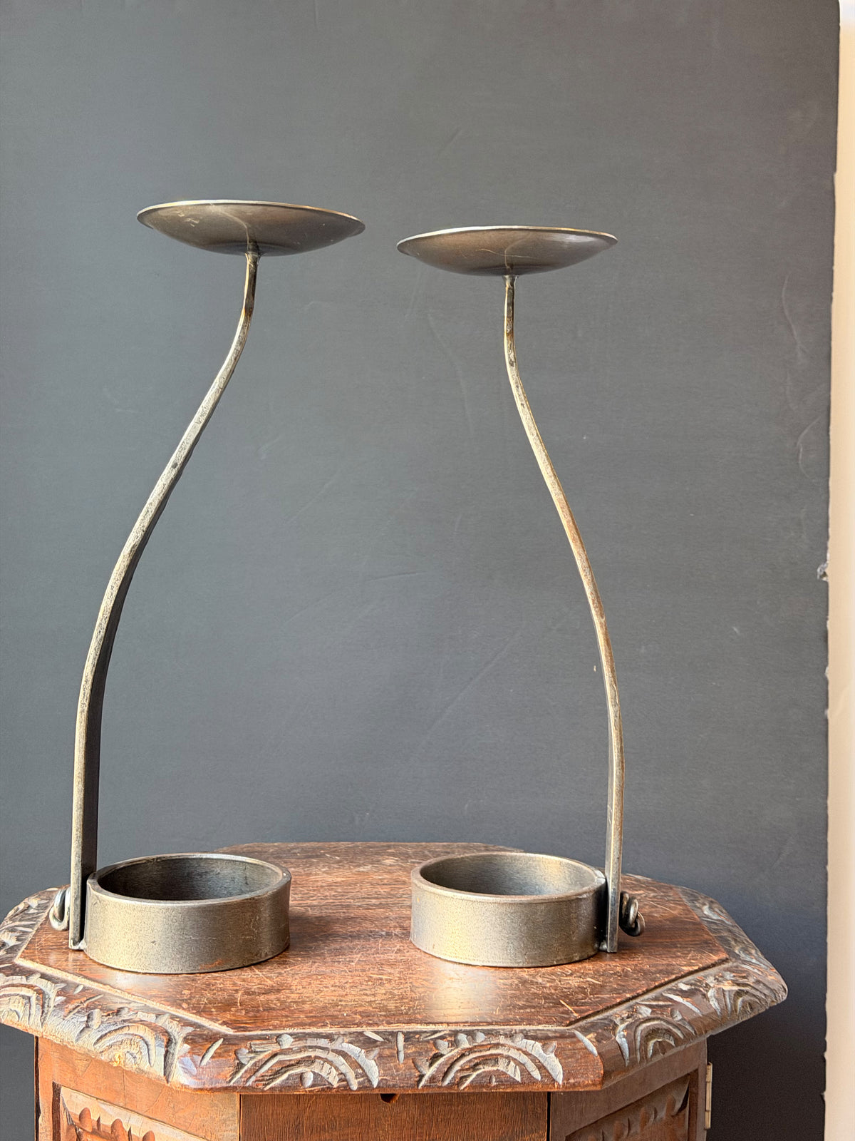 Hand Forged Iron Pricket Candlesticks Pair Brutalist Style Looped Pin 16.5 in