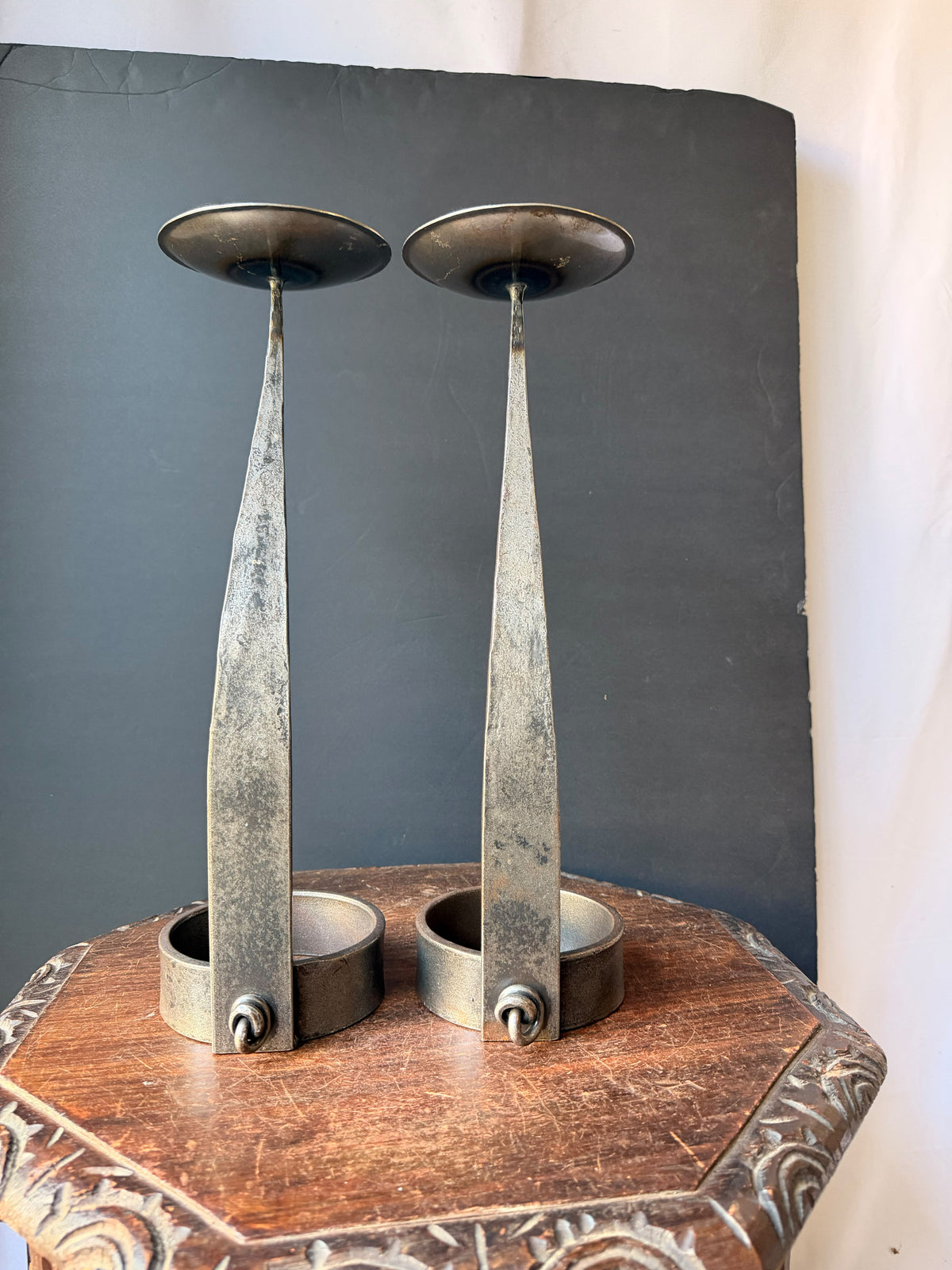 Hand Forged Iron Pricket Candlesticks Pair Brutalist Style Looped Pin 16.5 in