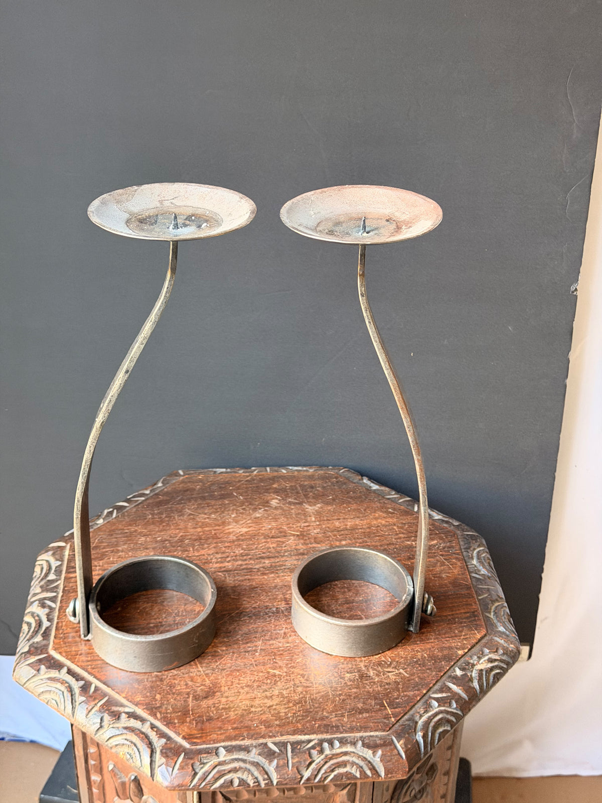 Hand Forged Iron Pricket Candlesticks Pair Brutalist Style Looped Pin 16.5 in