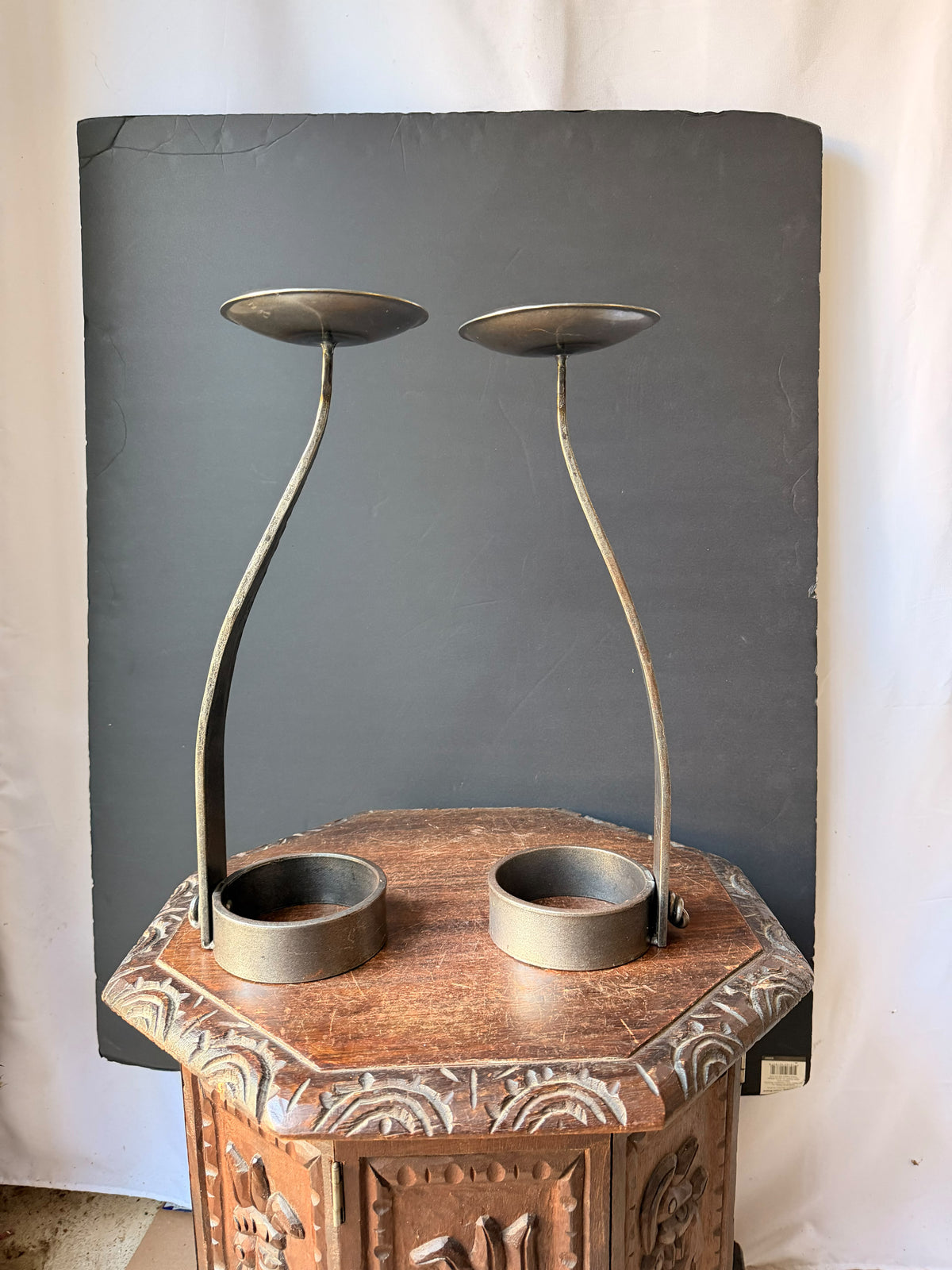 Hand Forged Iron Pricket Candlesticks Pair Brutalist Style Looped Pin 16.5 in