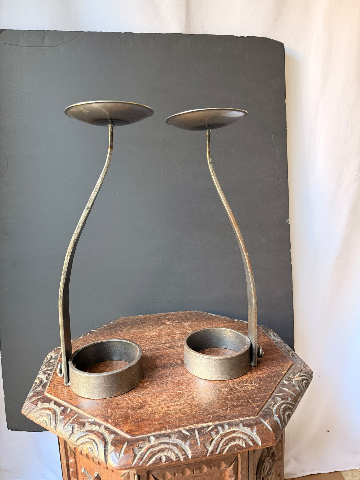 Hand Forged Iron Pricket Candlesticks Pair Brutalist Style Looped Pin 16.5 in
