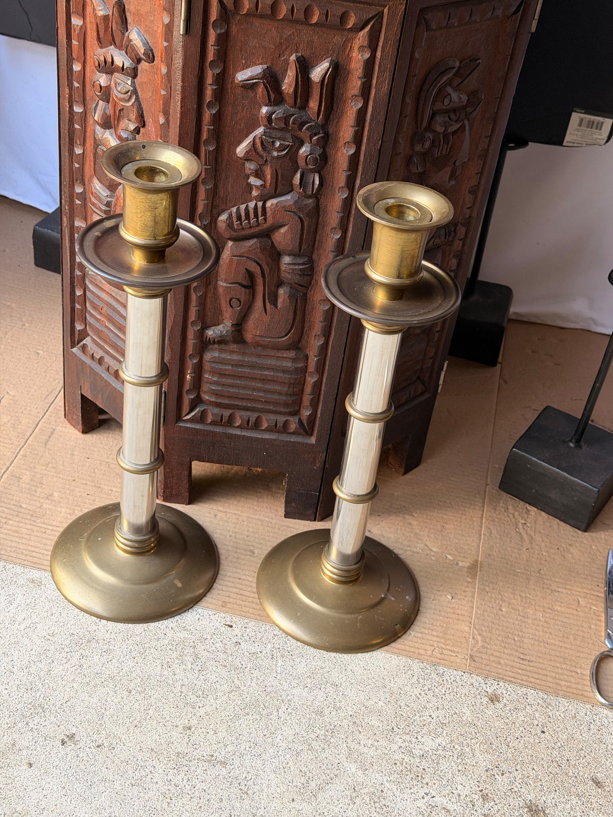 Maitland-Smith Brass Silver Tone Mixed Metal Candlesticks Pair Hong Kong 16 in