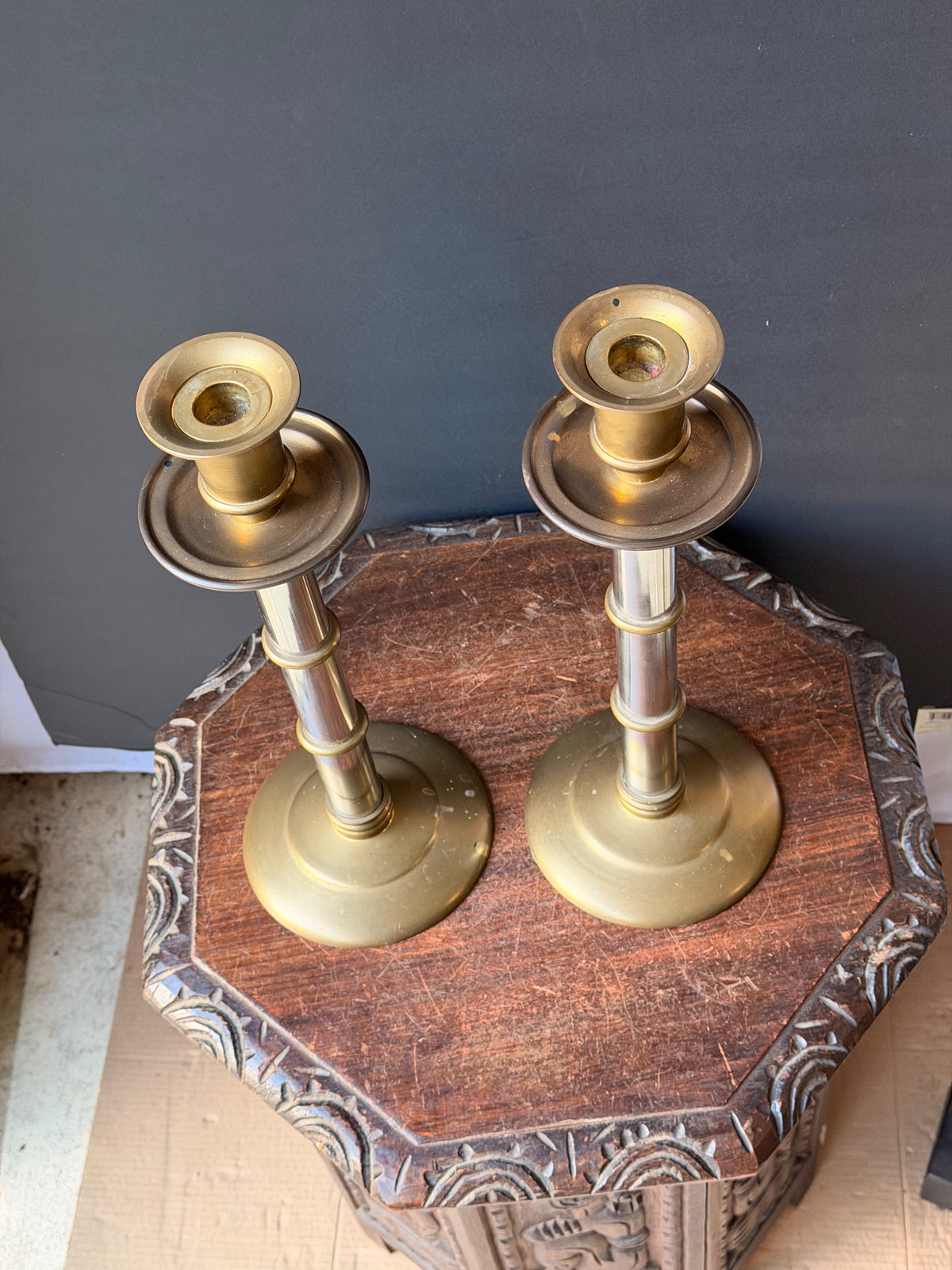 Maitland-Smith Brass Silver Tone Mixed Metal Candlesticks Pair Hong Kong 16 in