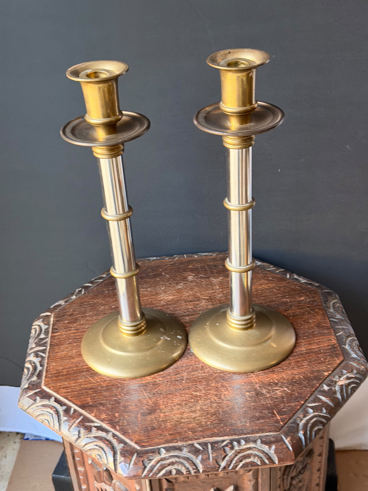 Maitland-Smith Brass Silver Tone Mixed Metal Candlesticks Pair Hong Kong 16 in