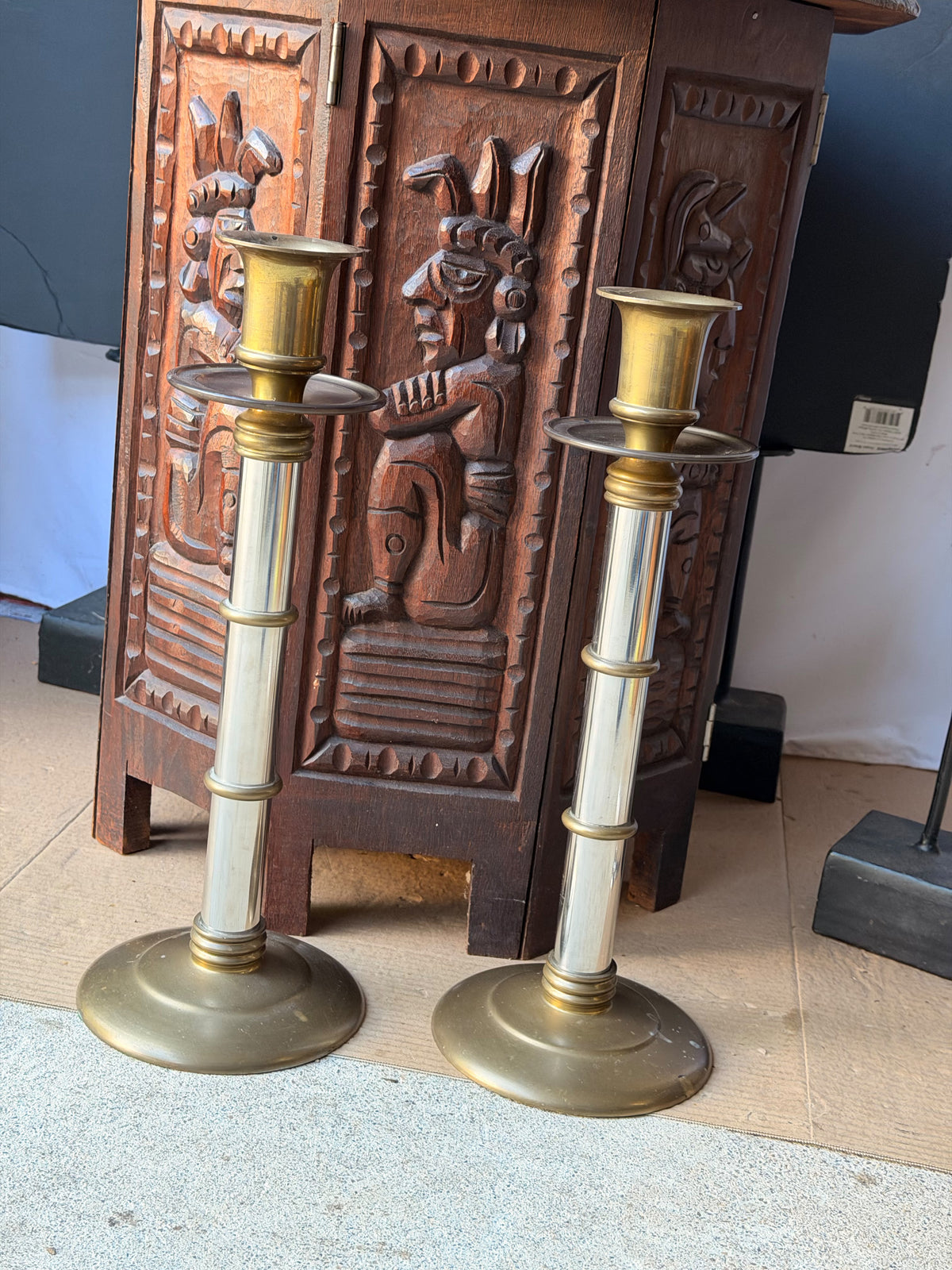 Maitland-Smith Brass Silver Tone Mixed Metal Candlesticks Pair Hong Kong 16 in