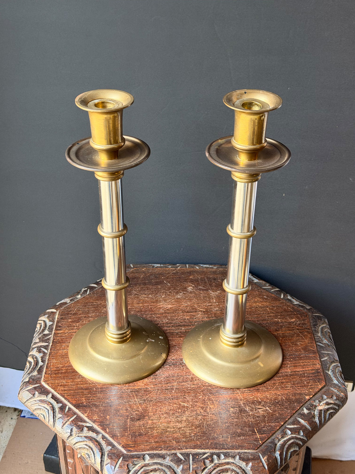 Maitland-Smith Brass Silver Tone Mixed Metal Candlesticks Pair Hong Kong 16 in