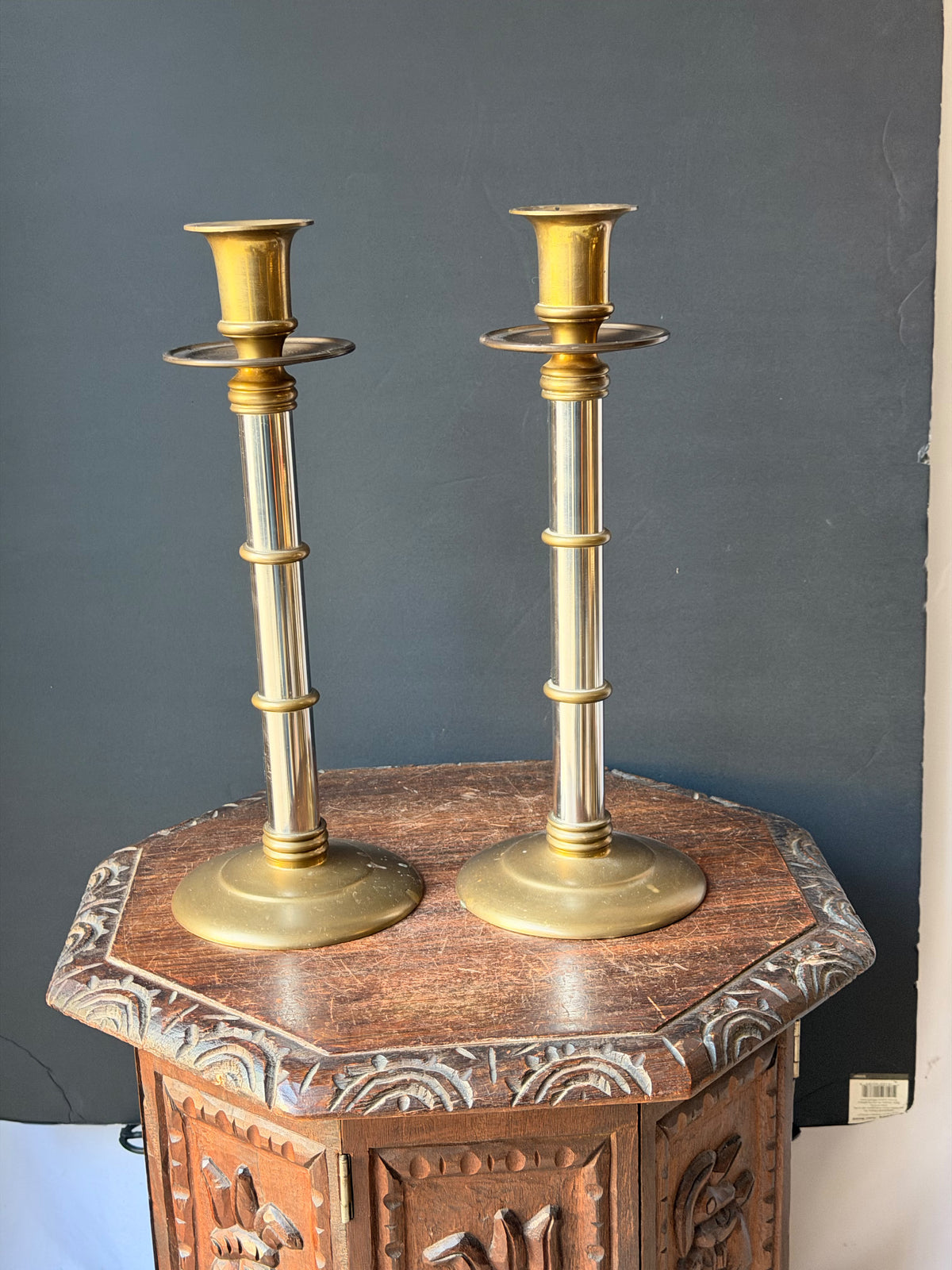 Maitland-Smith Brass Silver Tone Mixed Metal Candlesticks Pair Hong Kong 16 in
