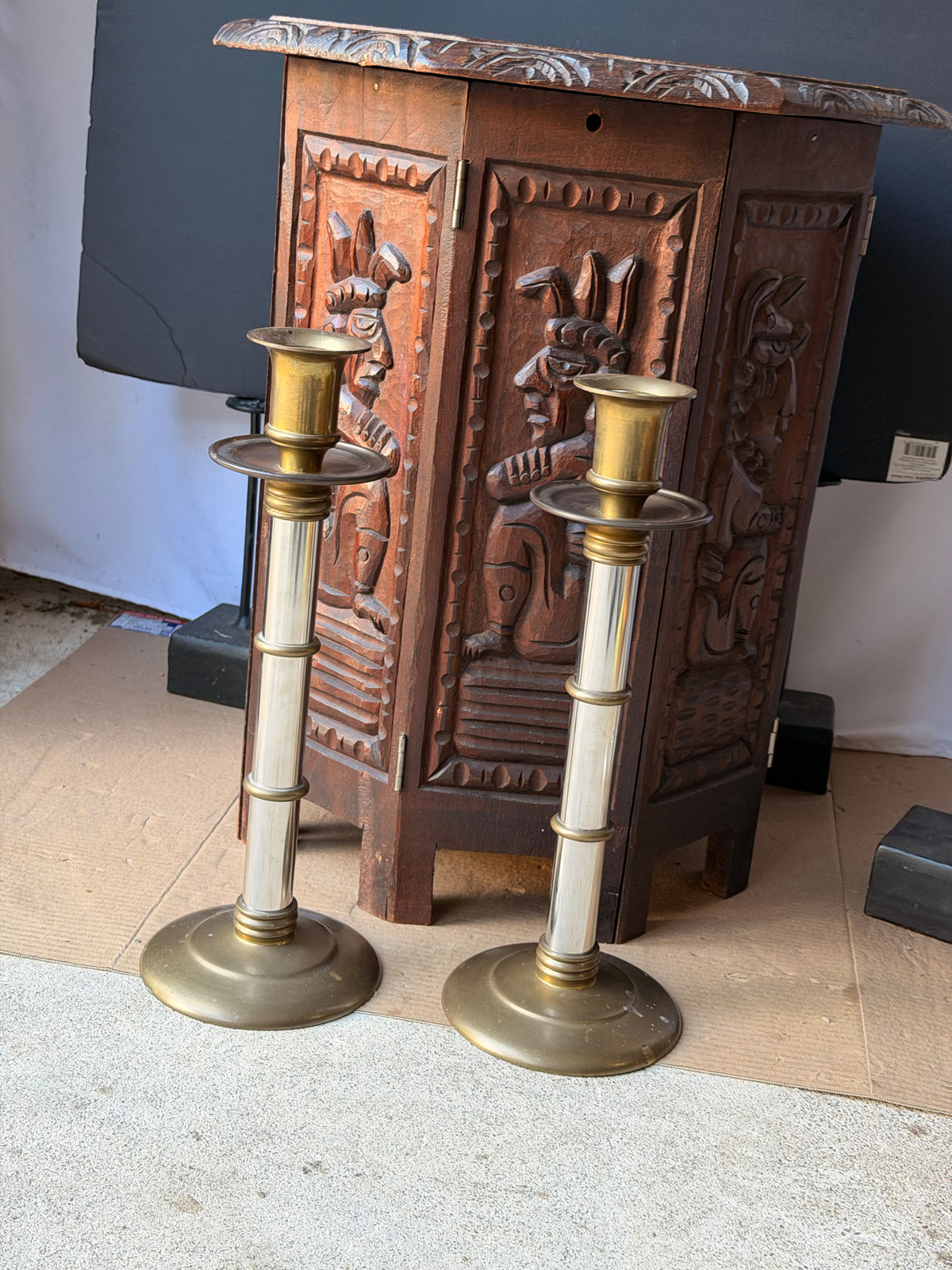 Maitland-Smith Brass Silver Tone Mixed Metal Candlesticks Pair Hong Kong 16 in
