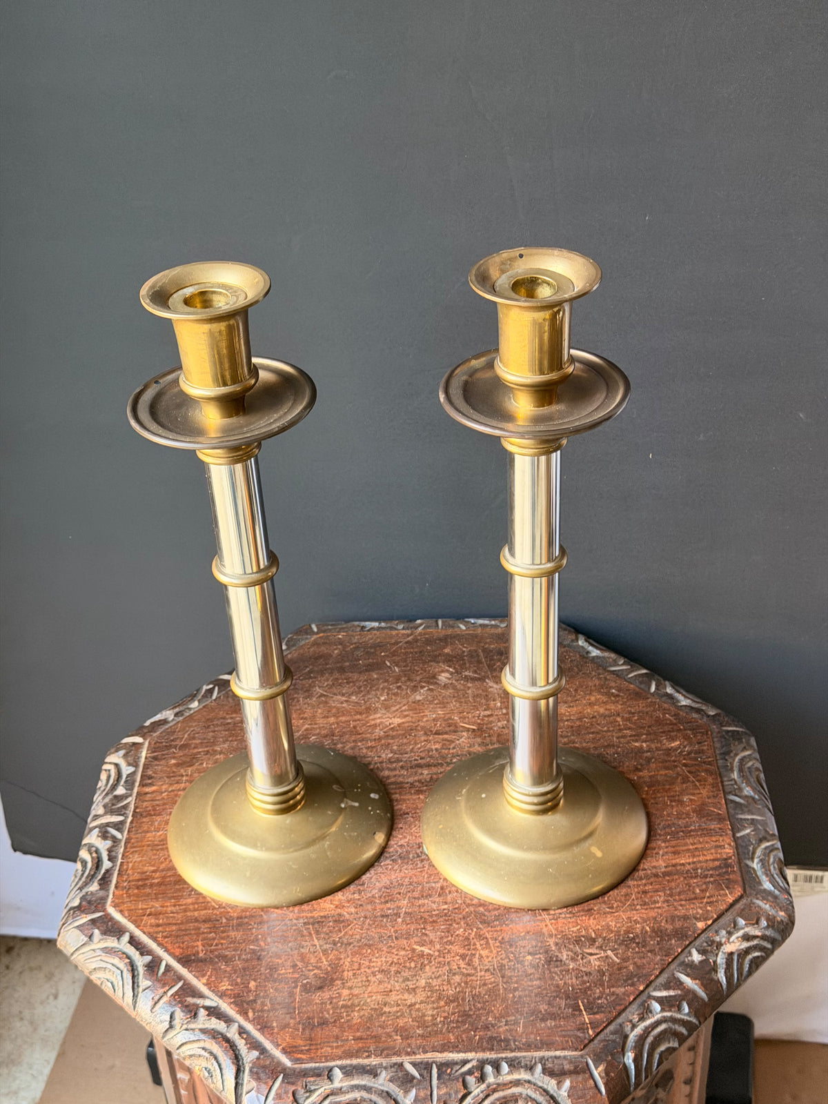 Maitland-Smith Brass Silver Tone Mixed Metal Candlesticks Pair Hong Kong 16 in