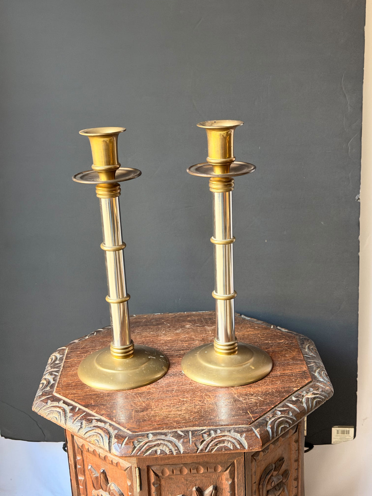 Maitland-Smith Brass Silver Tone Mixed Metal Candlesticks Pair Hong Kong 16 in