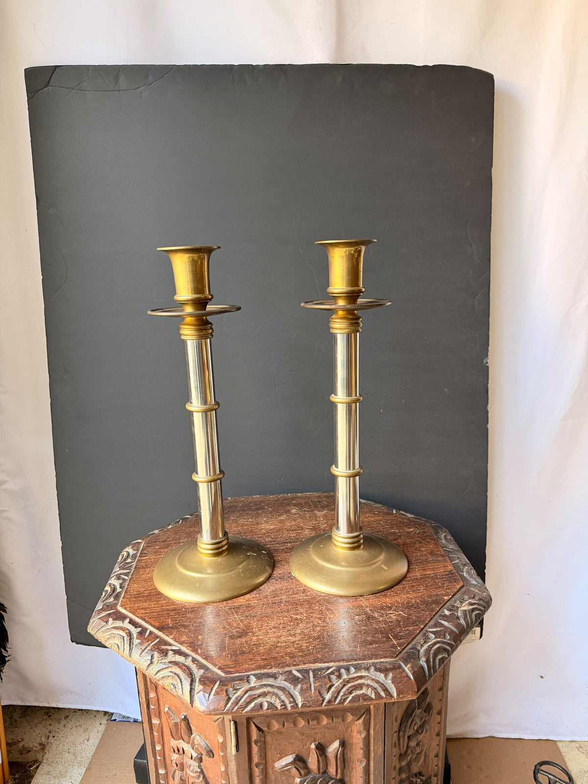 Maitland-Smith Brass Silver Tone Mixed Metal Candlesticks Pair Hong Kong 16 in