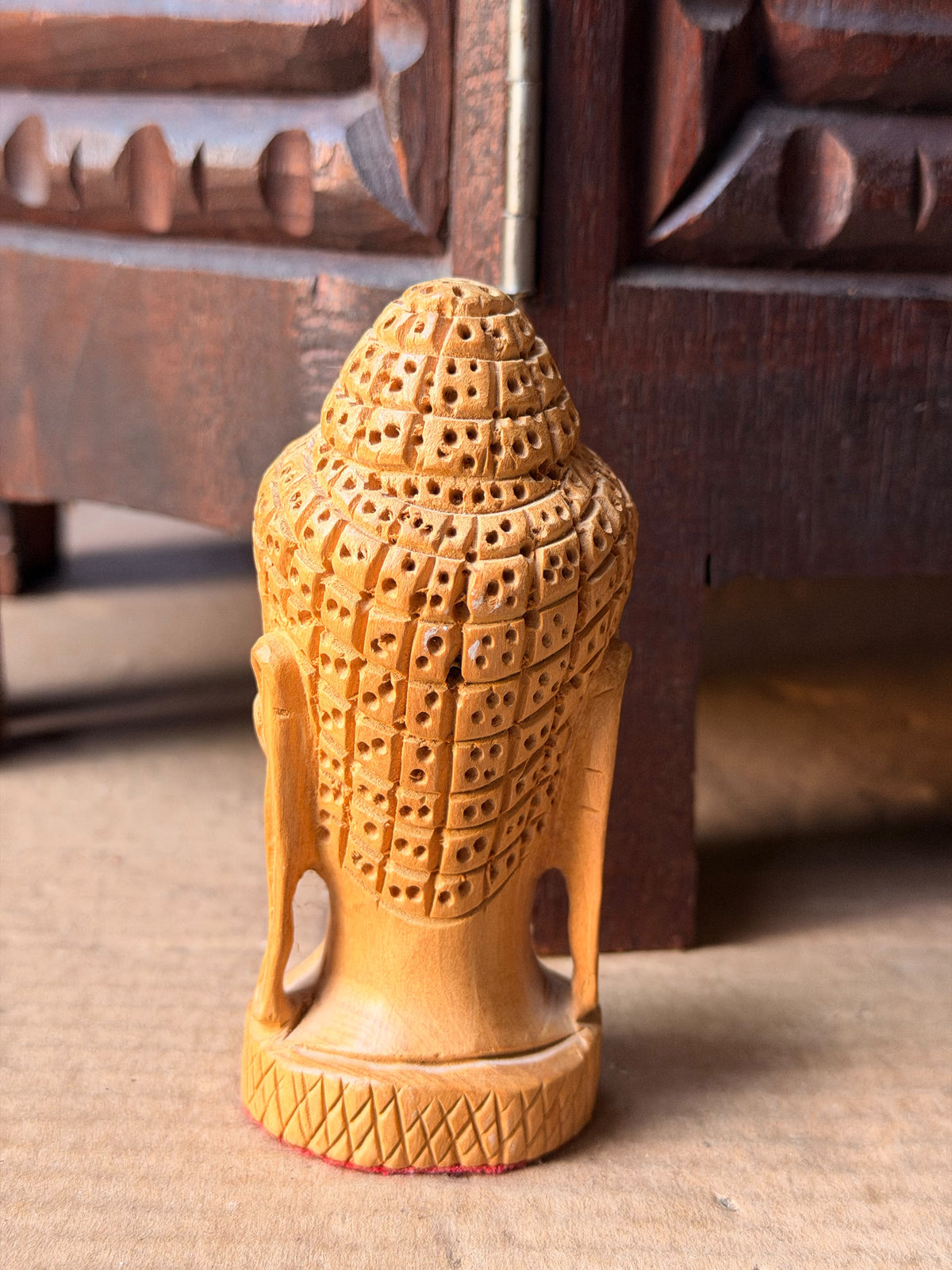 Vintage Hand Carved Wood Buddha Head Bust Small India Style Shelf Figure 4.2 in