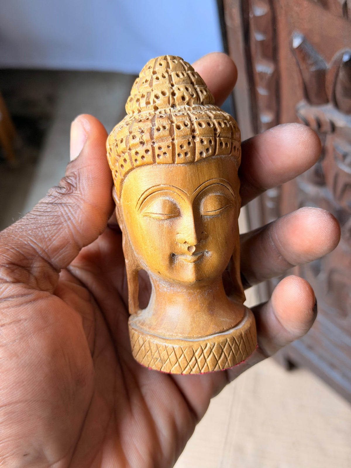 Vintage Hand Carved Wood Buddha Head Bust Small India Style Shelf Figure 4.2 in